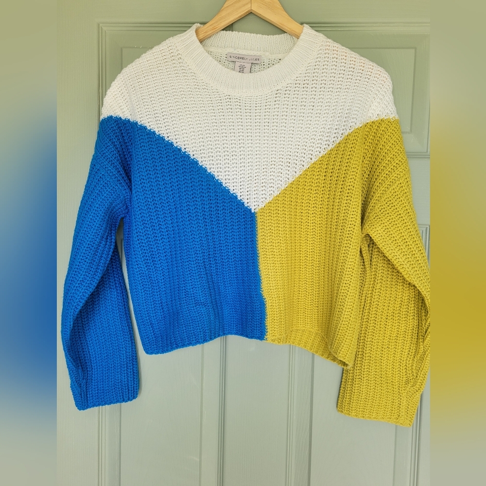 Sincerely Jules Colorblock Cropped Crew Sweater - White, Blue & Yellow